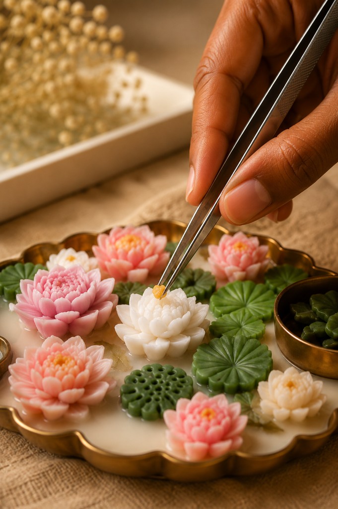 The Detail — artisan tweezers finishing a Maelora lotus sculptural candle