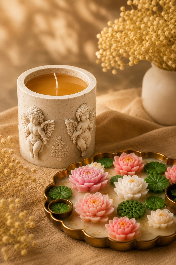 The Finish — Light of Hope and lotus pond candles by Maelora ready on linen