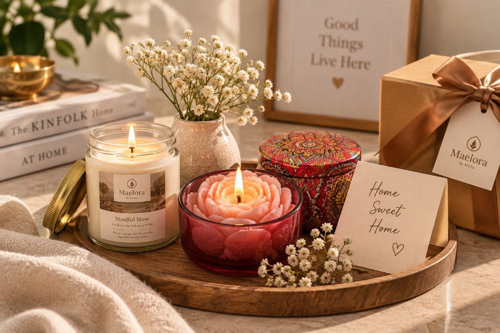Handmade candle, decorative tin and a handwritten note arranged as a small home décor gift