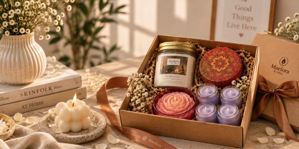 Handmade candles styled as thoughtful housewarming gifts for a new home