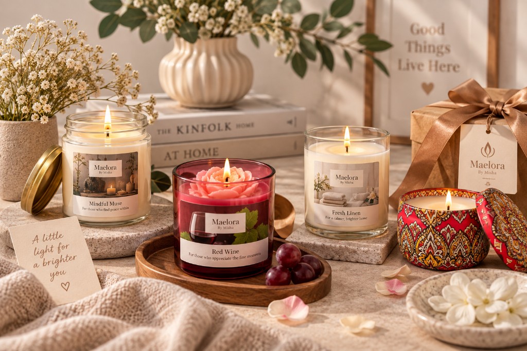 A selection of handmade scented candles for choosing a housewarming gift to suit the recipient