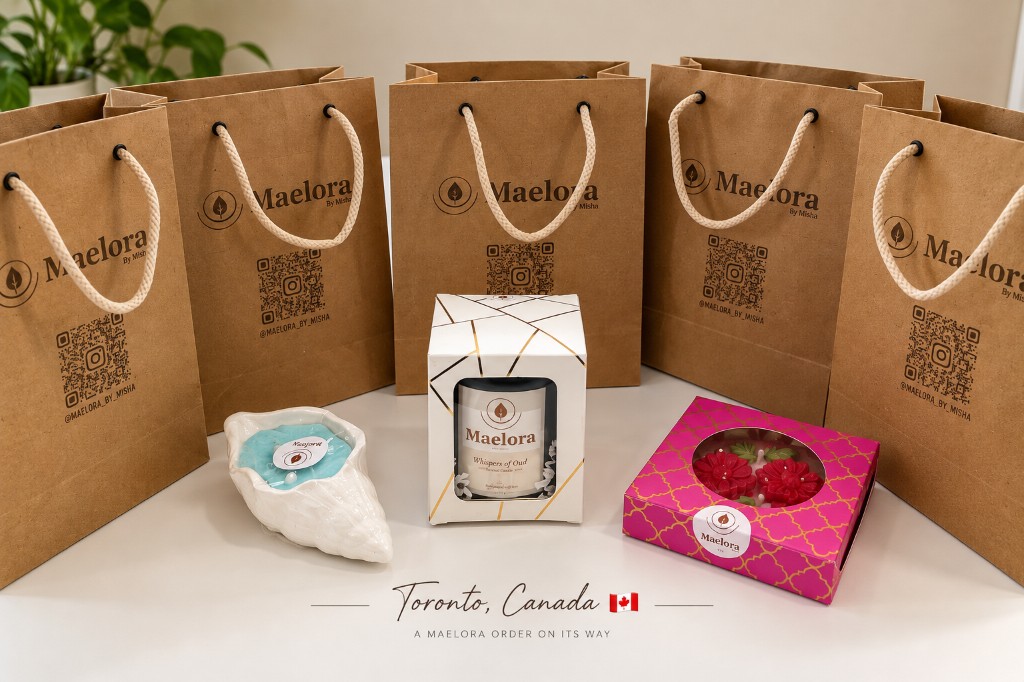 Maelora branded gift bags and handcrafted candles packed for a shipment from India to Toronto, Canada