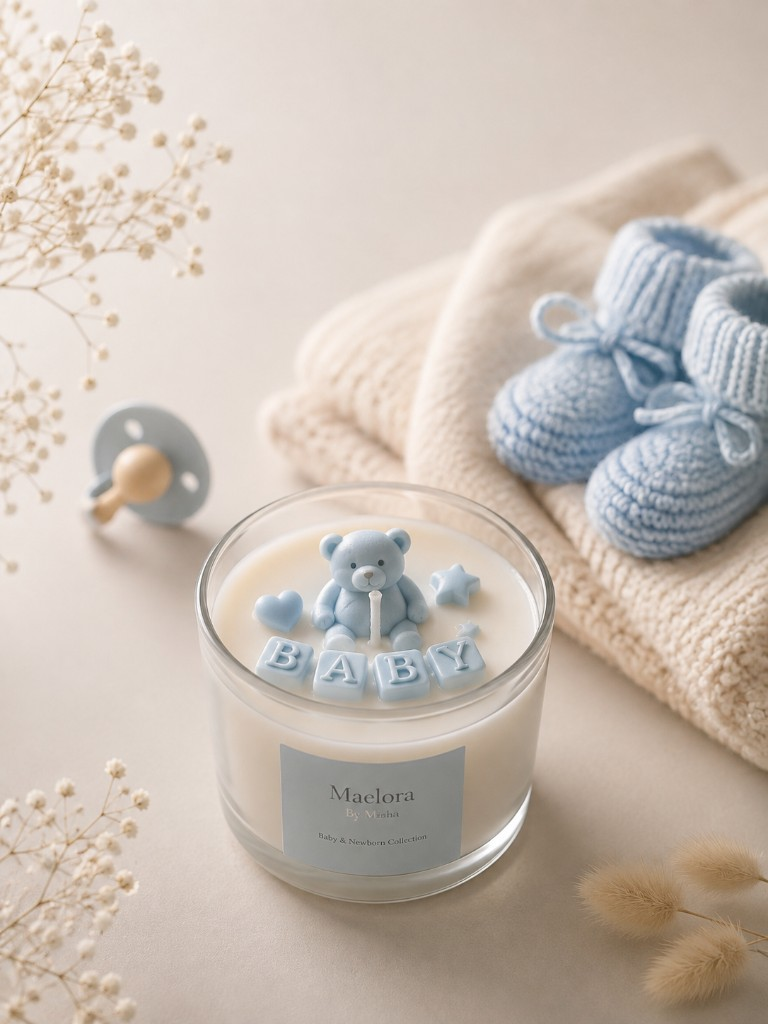 Handcrafted Baby Memory jar candle by Maelora with teddy and alphabet blocks