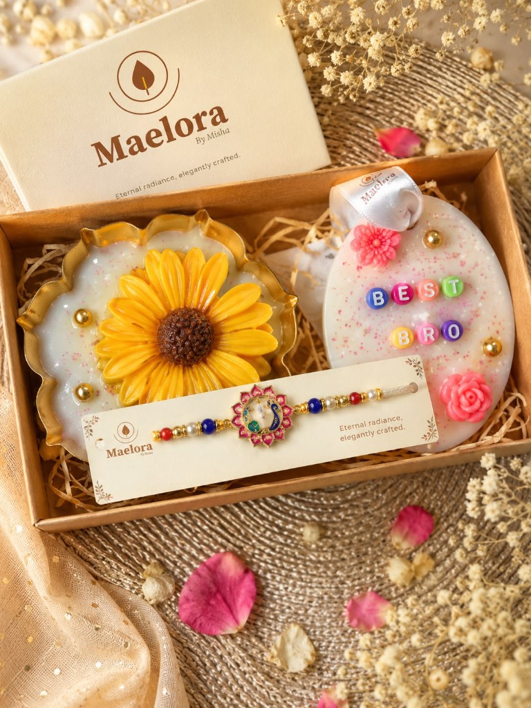 Maelora Best Bro Sunflower Rakhi Hamper with sunflower candle, Best Bro wax sachet and peacock rakhi in kraft box
