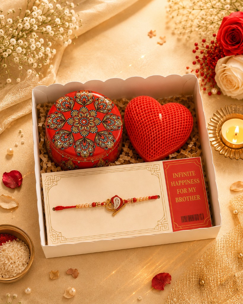 Maelora Brother's Rakhi Gift Box with heart candle, festive tin and peacock rakhi