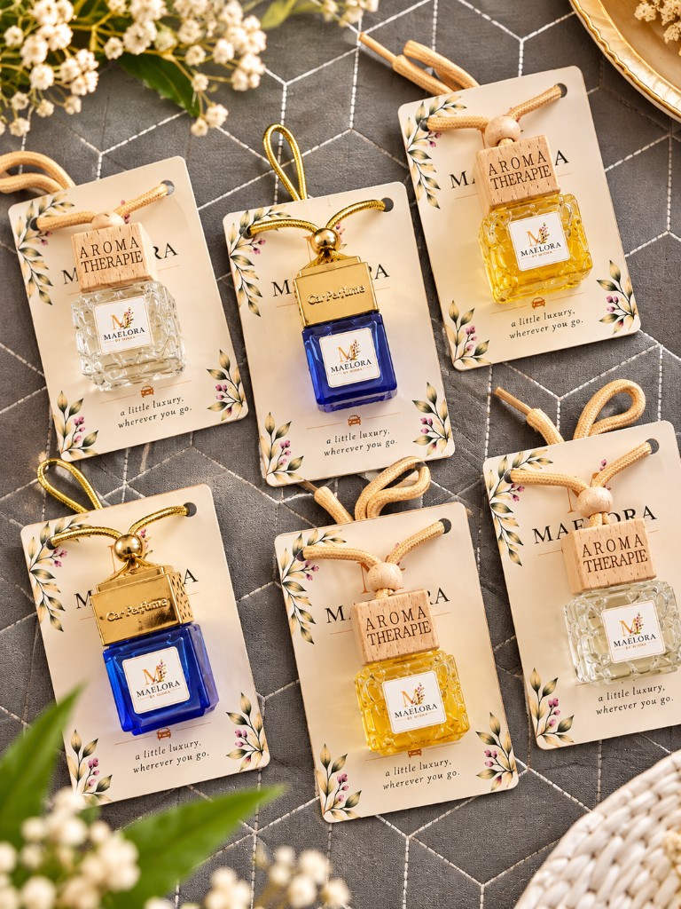 Maelora By Misha hanging car fragrances in clear, blue and golden glass designs