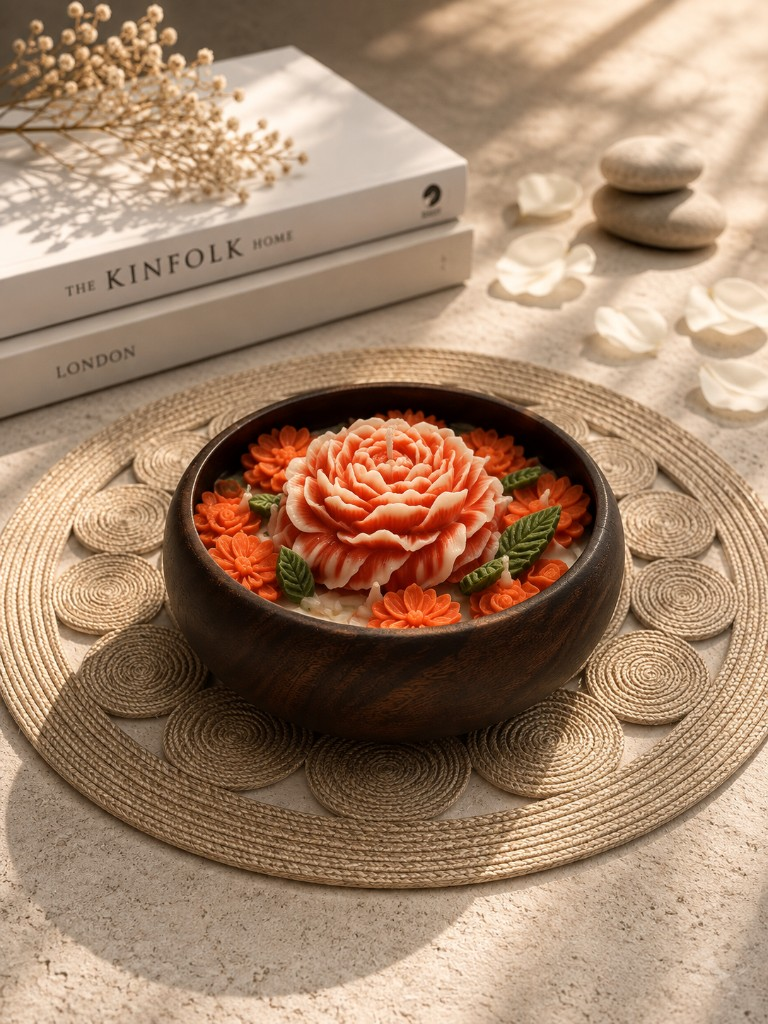 Handcrafted coral rose candle by Maelora nestled in a dark wooden bowl