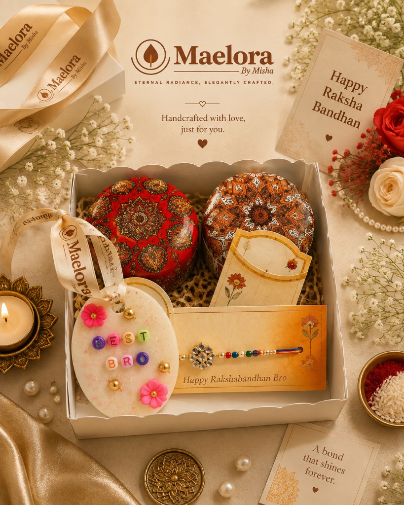 Maelora Festive Rakhi Candle Set with designer tins, Best Bro wax sachet and rakhi