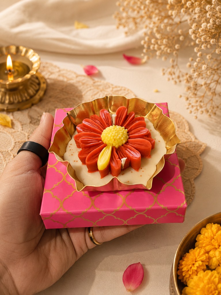 Handcrafted festive urli candle by Maelora in a gold scalloped bowl