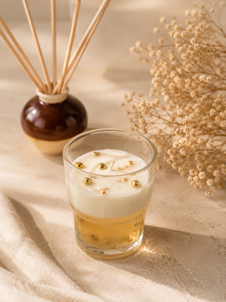 Handcrafted Gold Bead Glass candle by Maelora with warm flame and gold accents