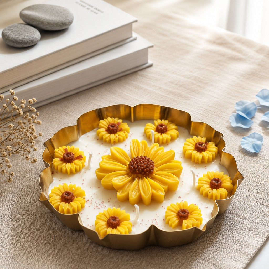 Handcrafted sunflower bloom candle by Maelora in a scalloped gold bowl