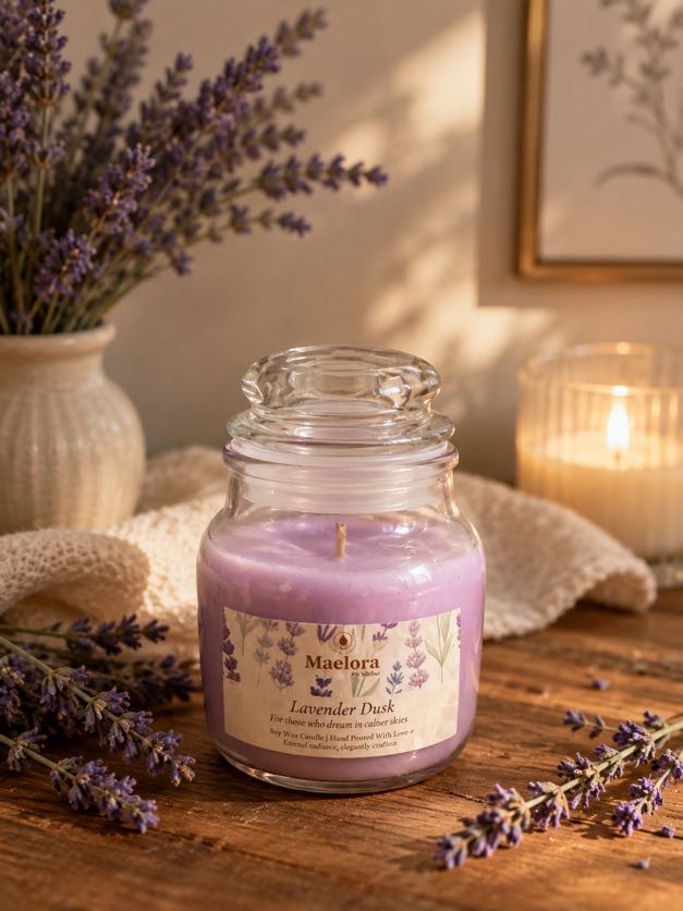Maelora Lavender Dusk soy wax candle in a glass jar with glass lid beside dried lavender
