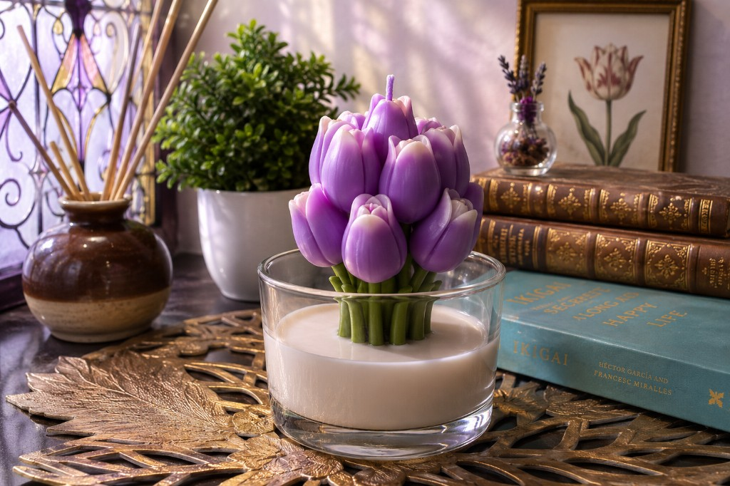 Handcrafted lavender tulip bouquet candle by Maelora in a clear glass jar