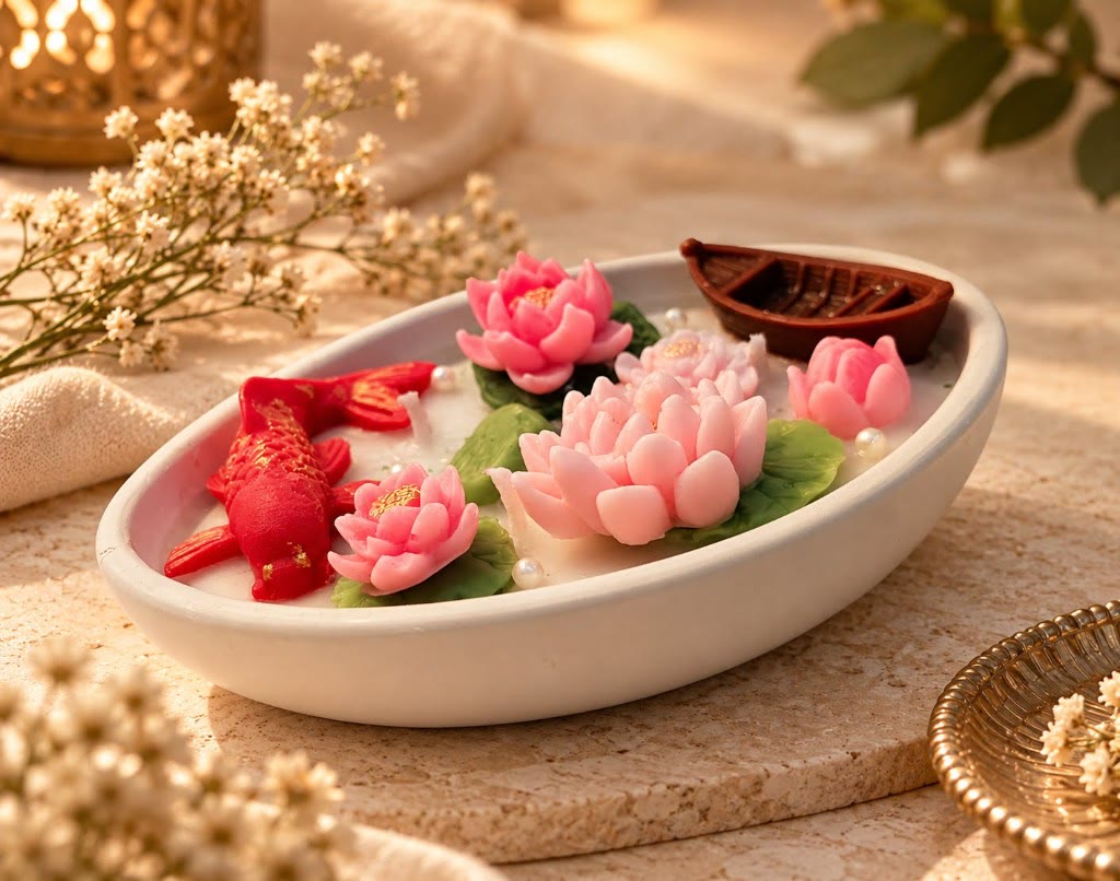 Personalized Lotus Koi Bowl Candle by Maelora in warm light, with lotus flowers, koi fish and a wooden boat