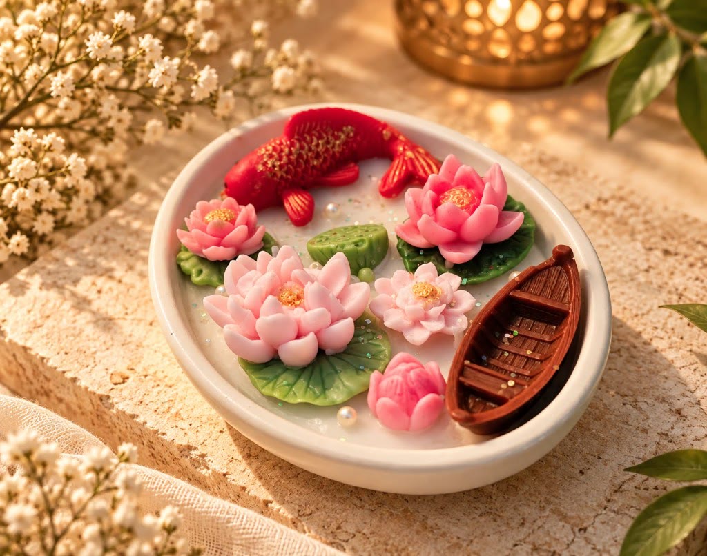 Top view of the Maelora Lotus Koi Bowl Candle with pink lotuses, koi fish and a wooden boat