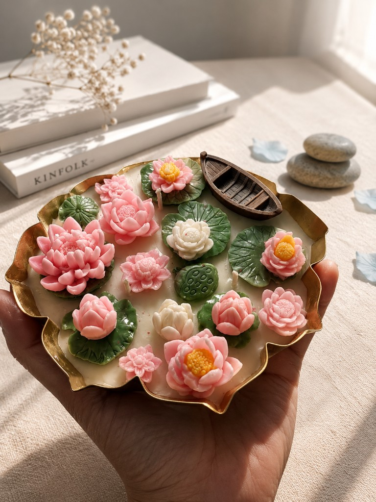 Handcrafted Lotus Pond sculptural candle by Maelora with boat and lily pads