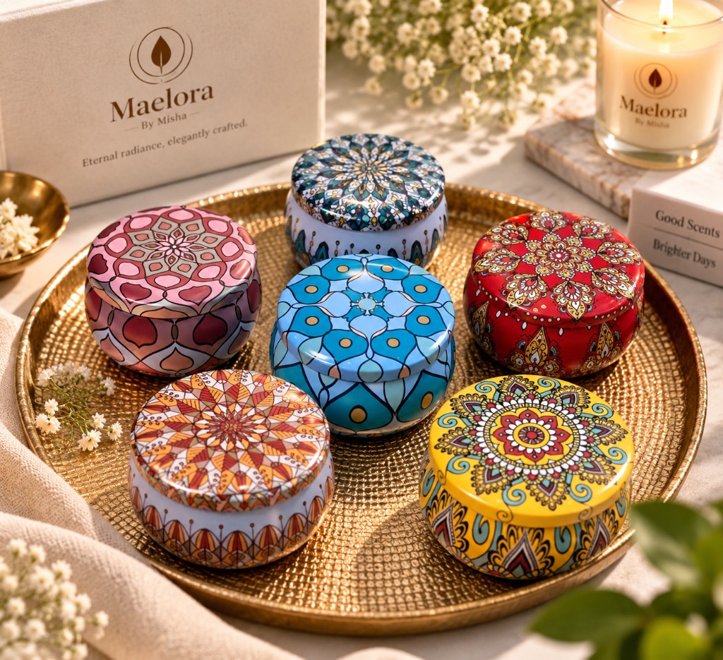 Maelora Mandala Tin Candle Collection — six handcrafted decorative tin candles with vibrant ornamental mandala designs