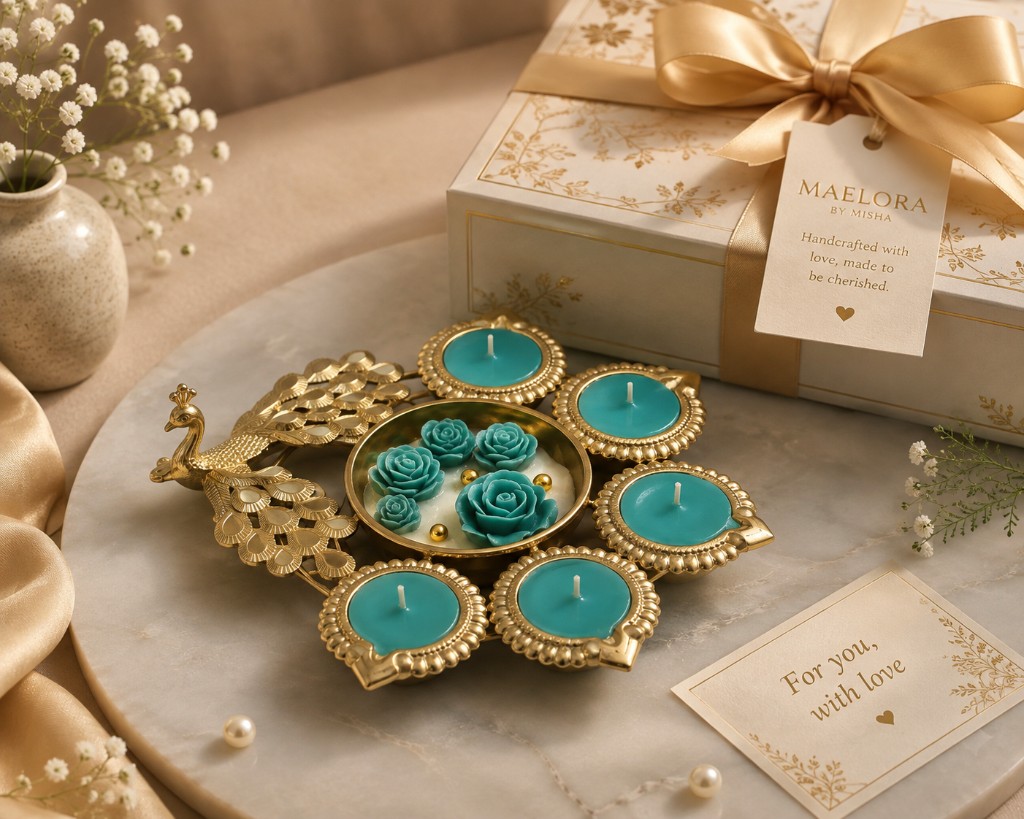 Handcrafted Peacock Garden candle by Maelora ? gold peacock with teal roses and gift box