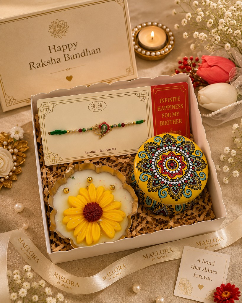 Maelora Peacock Rakhi and Floral Candle Hamper with sunflower candle, mandala tin and peacock rakhi