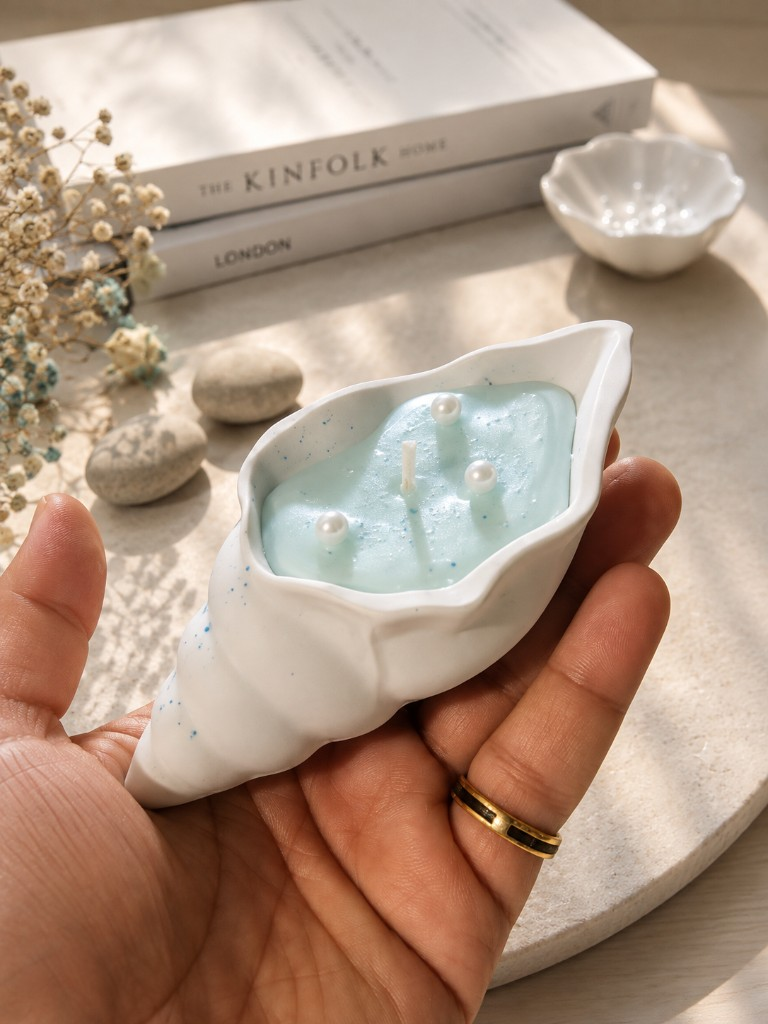 Handcrafted Pearl Shell coastal candle by Maelora in a ceramic conch