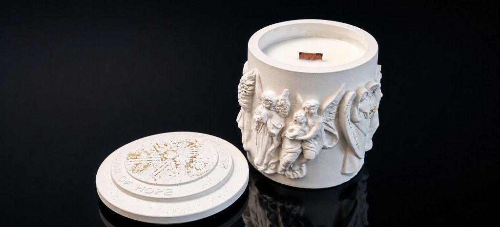 Premium Light of Hope candle by Maelora by Misha ? angel-relief vessel with gold-flecked lid