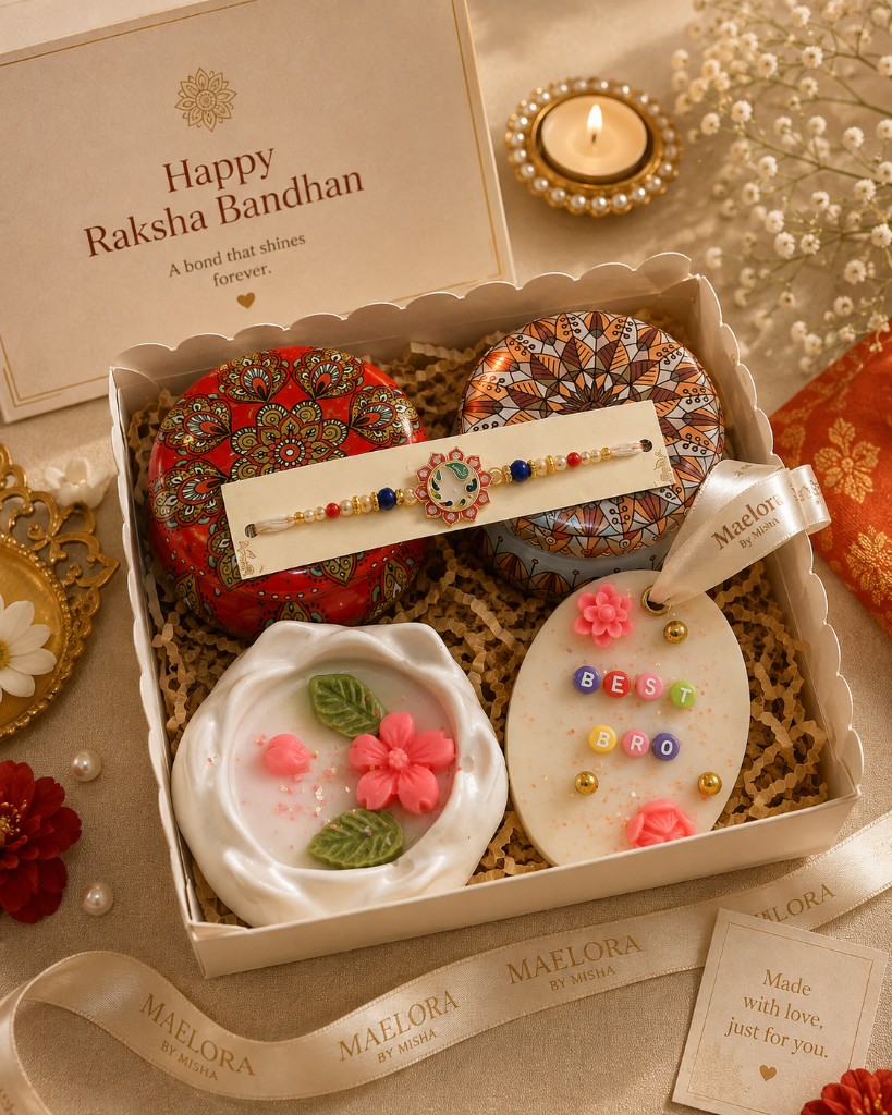 Maelora Premium Rakhi Gift Hamper with floral bowl candle, designer tins, Best Bro sachet and peacock rakhi