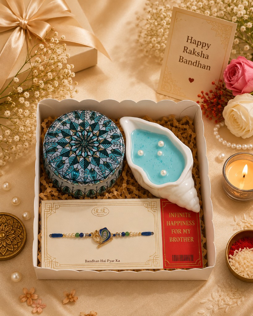 Maelora Rakhi Candle Gift Hamper with conch-shell candle, festive tin and peacock rakhi