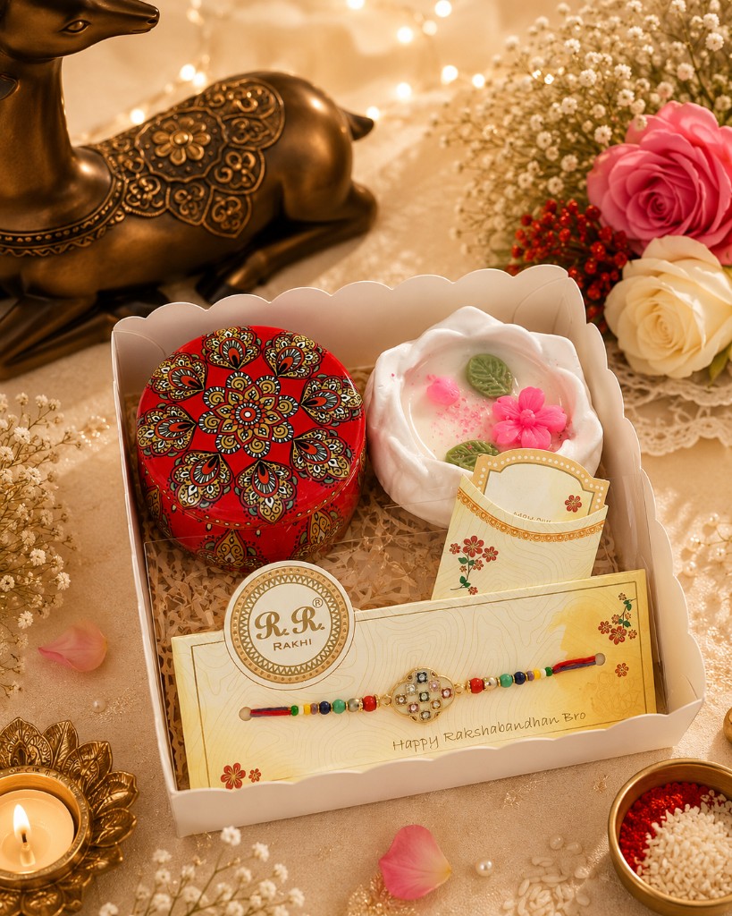 Maelora Rakhi and Floral Candle Hamper with lotus bloom candle, festive tin and rakhi