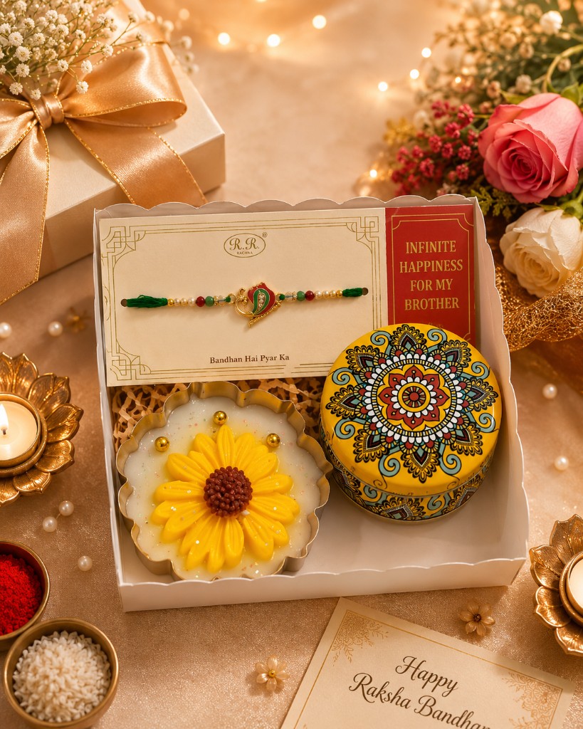Maelora by Misha Rakhi gift hamper with peacock rakhi, sunflower candle and festive tin