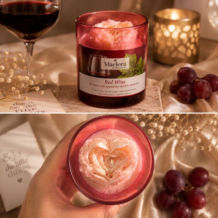 Maelora Red Wine soy wax candle in a burgundy glass jar with a sculpted pink floral wax top
