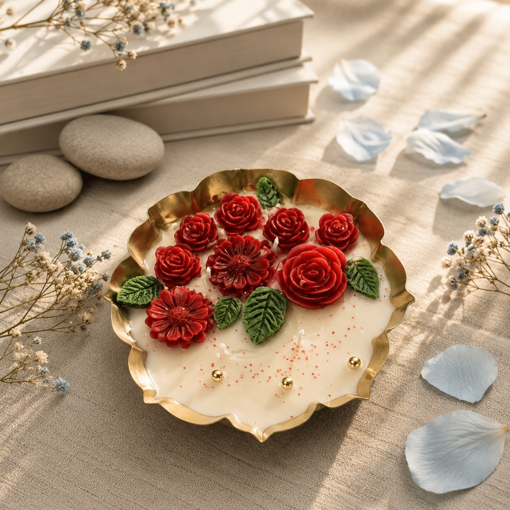 Handcrafted Rose Garden floral candle by Maelora with cream wax and dark-red roses