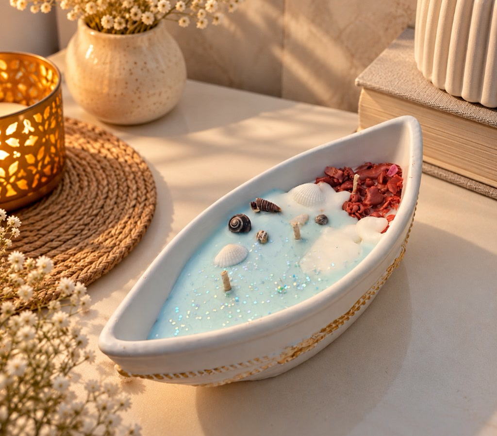 Seashell Boat Candle by Maelora styled on a table, showing the full boat-shaped vessel with aqua-blue wax and seashells