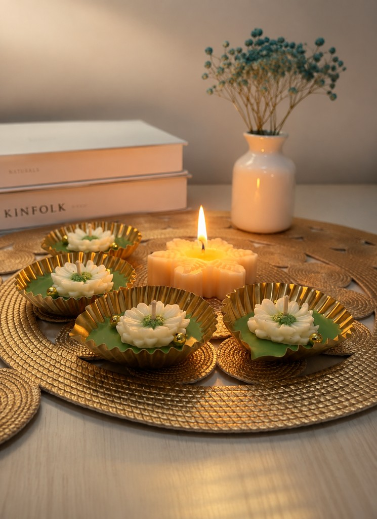 Handcrafted Snowflake Gathering festive candle by Maelora with gold cups