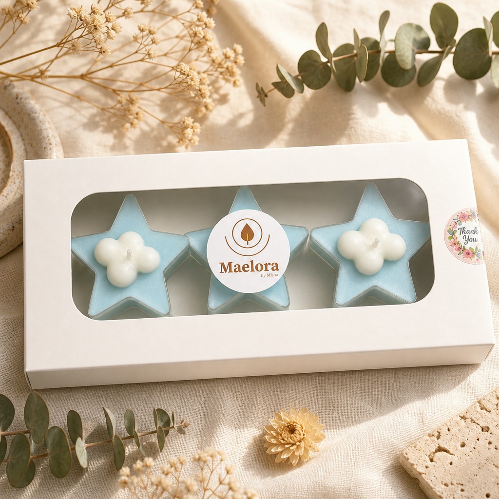 Single Maelora Star & Flower Tealight Candle Gift Box styled with botanicals