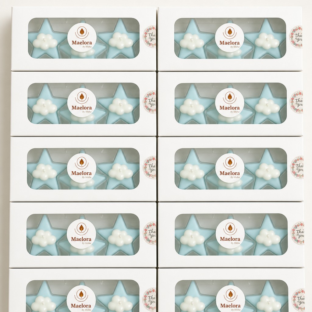 Maelora Star & Flower Tealight Candle Gift Boxes with star and flower tealights in clear-window packaging