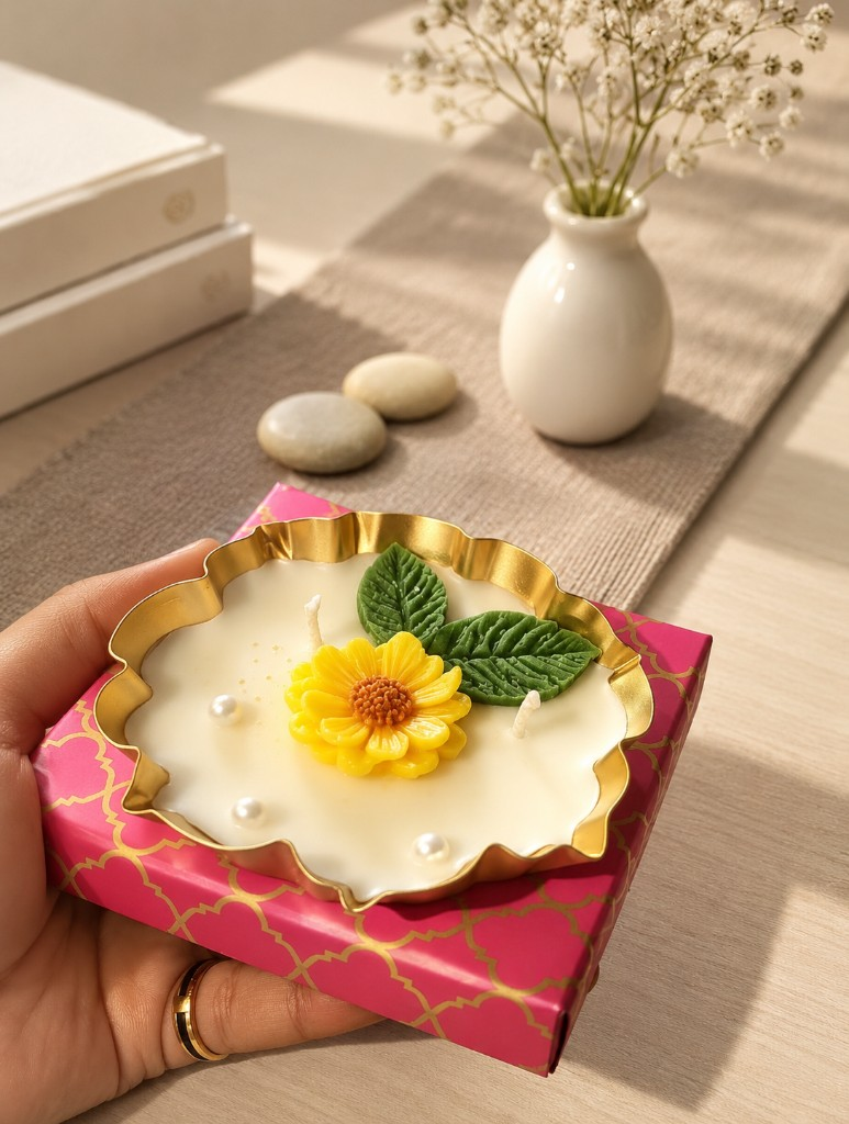 Handcrafted Sunlit Bloom gift candle by Maelora with yellow flower and green leaves