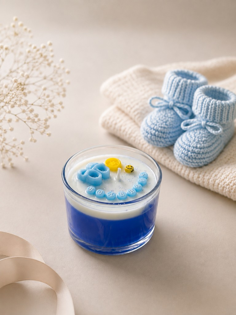 Handcrafted Welcome Little One baby candle by Maelora with blue jar and booties