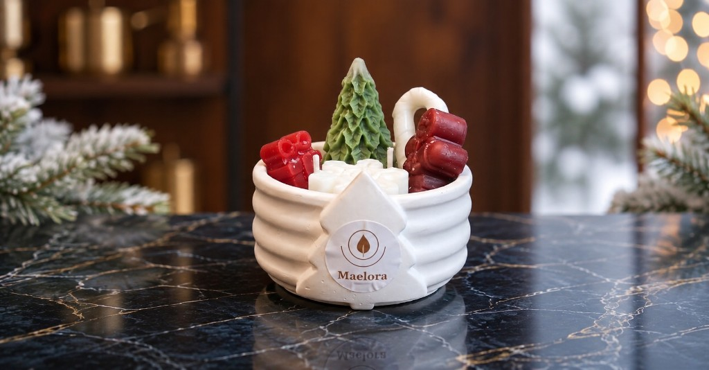 Handcrafted Winter Light Bowl festive candle by Maelora with trees and snowflakes